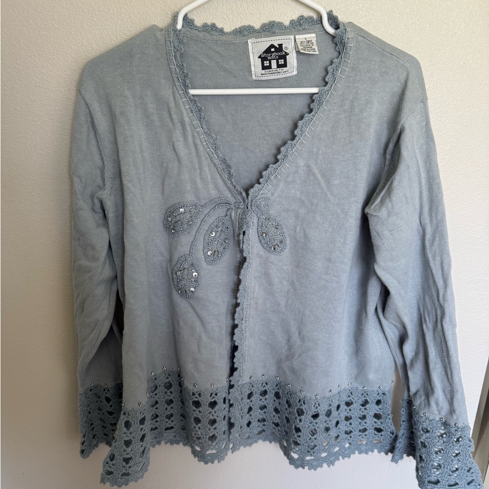Storybook Knits Blue Cardigan with Textured Trim